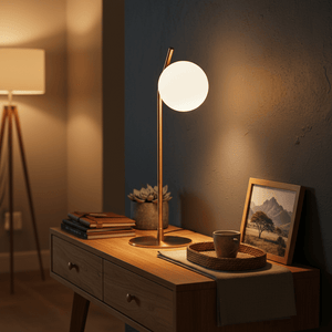 G9 Glass & Gold Table Lamp on a wooden console table with a cozy ambiance, featuring a frosted globe and gold base.