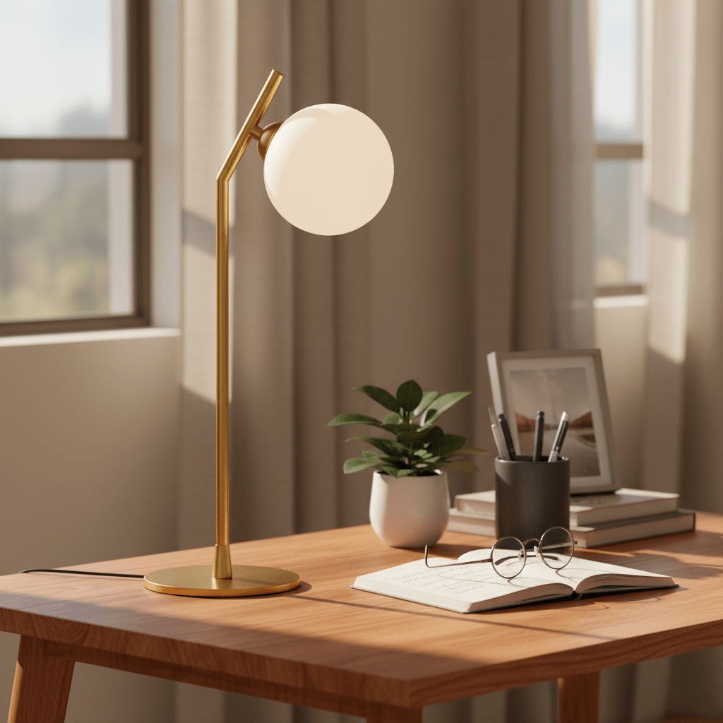 G9 Glass & Gold Table Lamp on a wooden desk, with a frosted globe, books, glasses, and a plant.