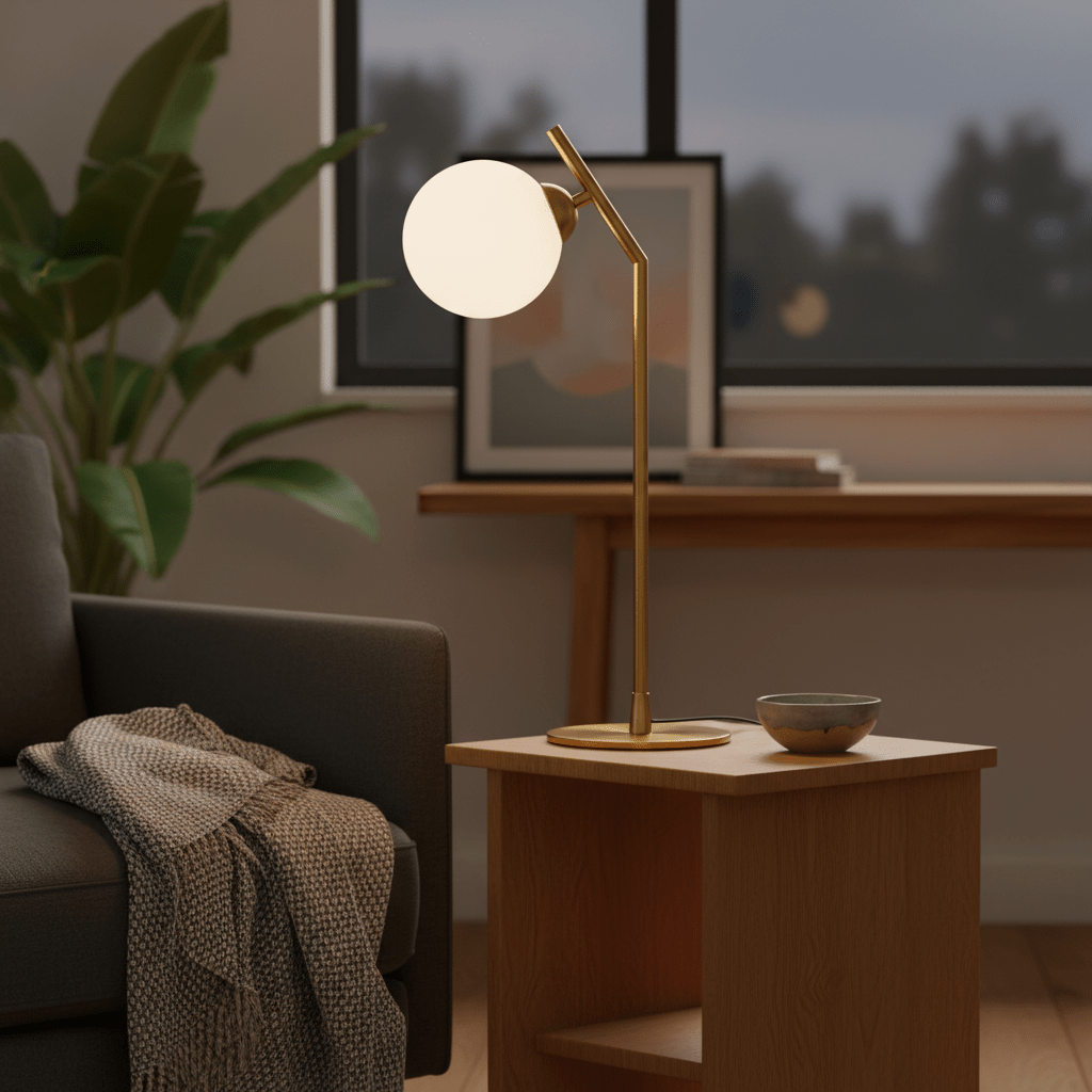 G9 Glass & Gold Table Lamp on a wooden side table beside a cozy sofa, with a plant in the background.