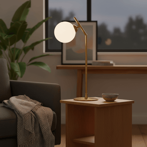 G9 Glass & Gold Table Lamp on a wooden side table beside a cozy sofa, with a plant in the background.
