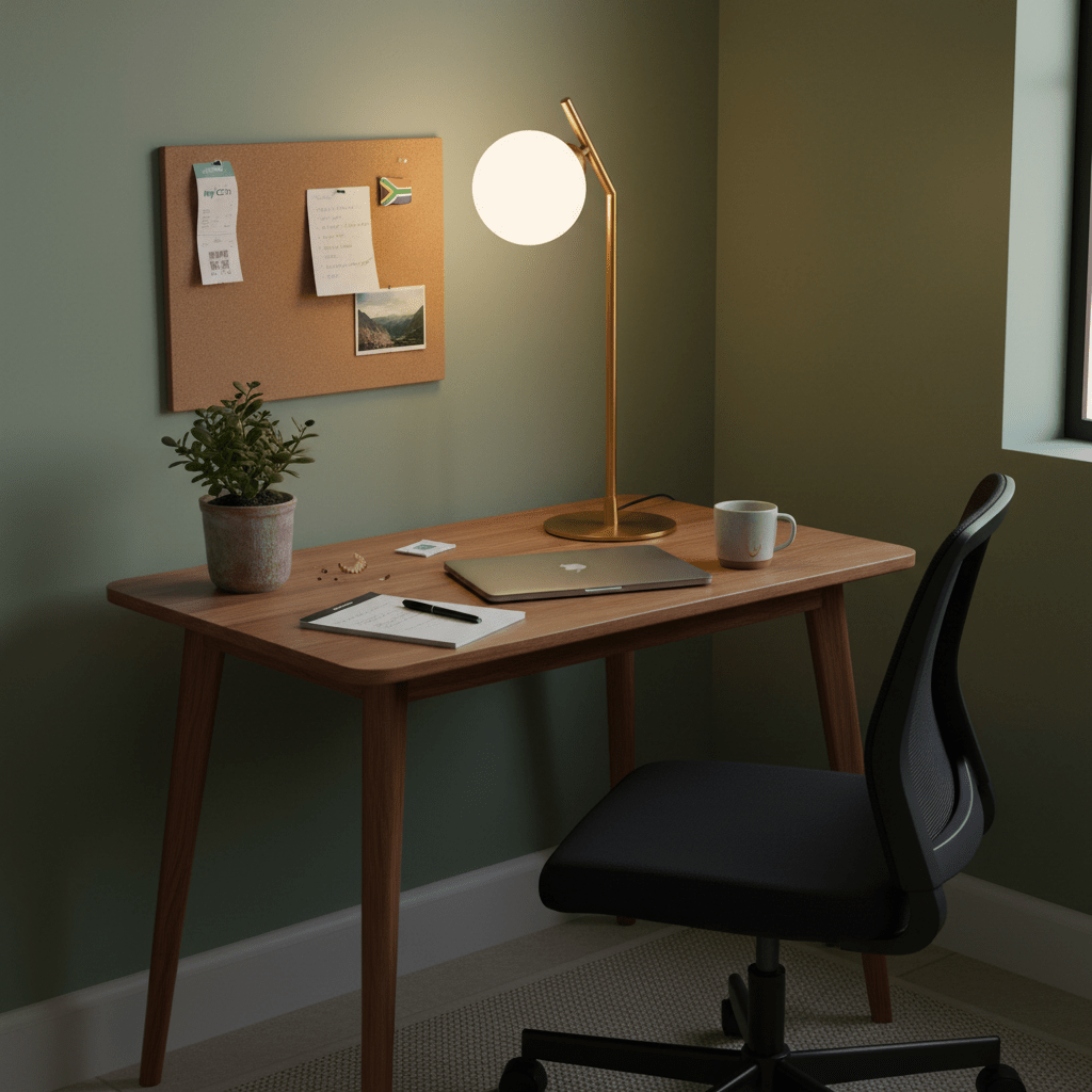 A stylish G9 Glass & Gold Table Lamp on a wooden desk, illuminating a cozy workspace with a corkboard and plant.