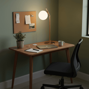 A stylish G9 Glass & Gold Table Lamp on a wooden desk, illuminating a cozy workspace with a corkboard and plant.