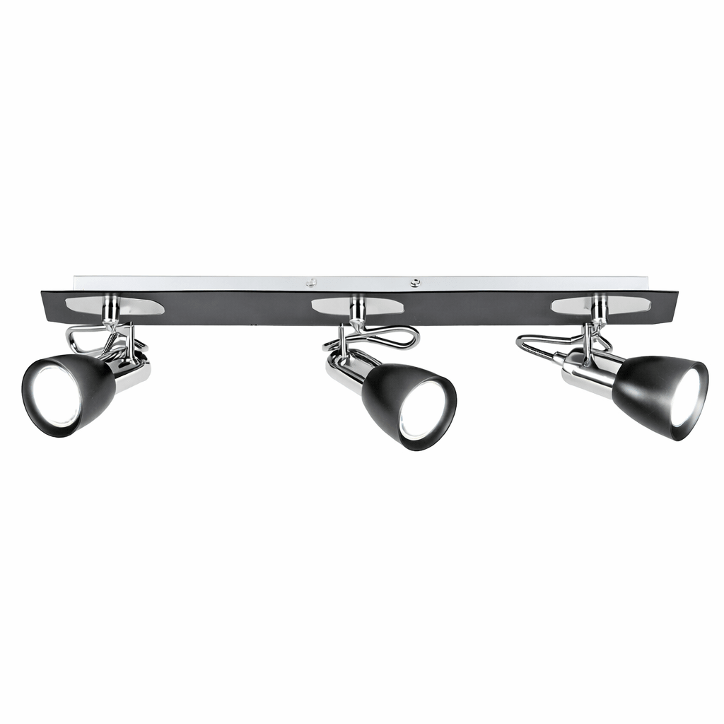 Modern ceiling light fixture with three black lampshades on a white background