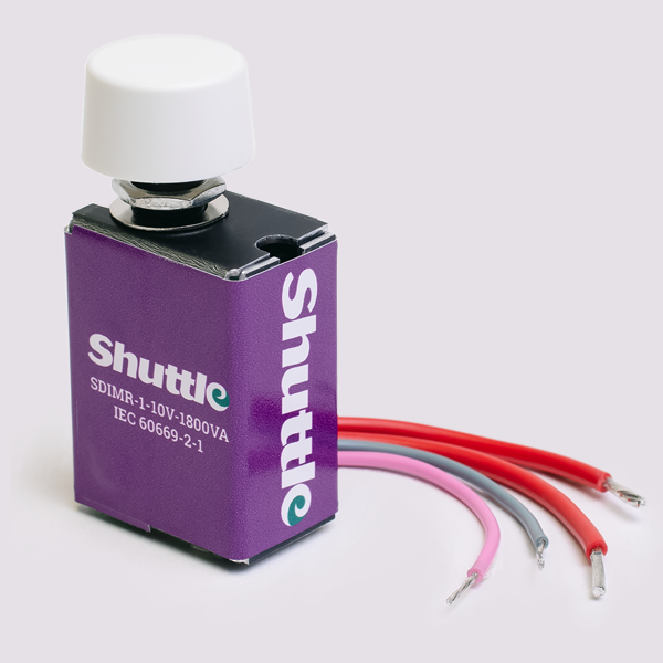 Shuttle LED Dimmer Module with rotary knob and colored wires for installation.