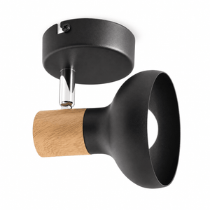 Black spotlight with wood finish and polished chrome on a white background