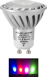 4W LED downlight with a silver finish, showcasing red, green, and blue light options.