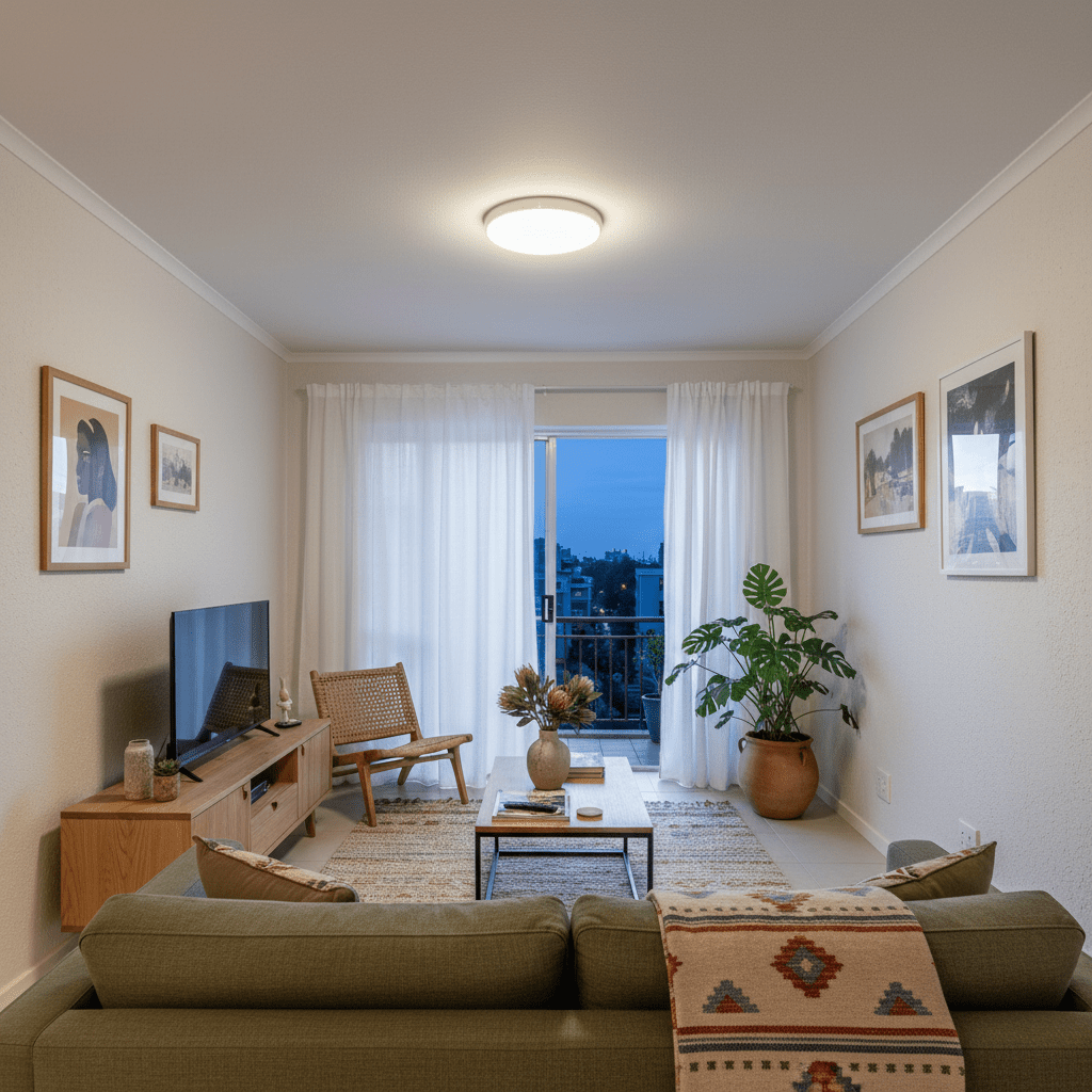 Modern living room featuring a flush-mount LED ceiling light, cozy furniture, and natural light from the window.