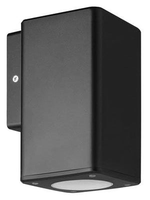 Black ABS outdoor wall light with a square design and down-facing light, mounted on a wall bracket.