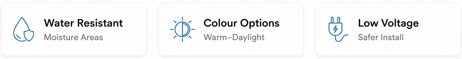 List of features including water resistance, color options, and low voltage on a white background.
