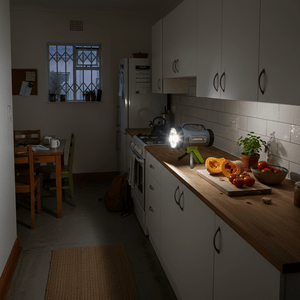 Rechargeable LED torch on a stand lights a kitchen counter with vegetables.