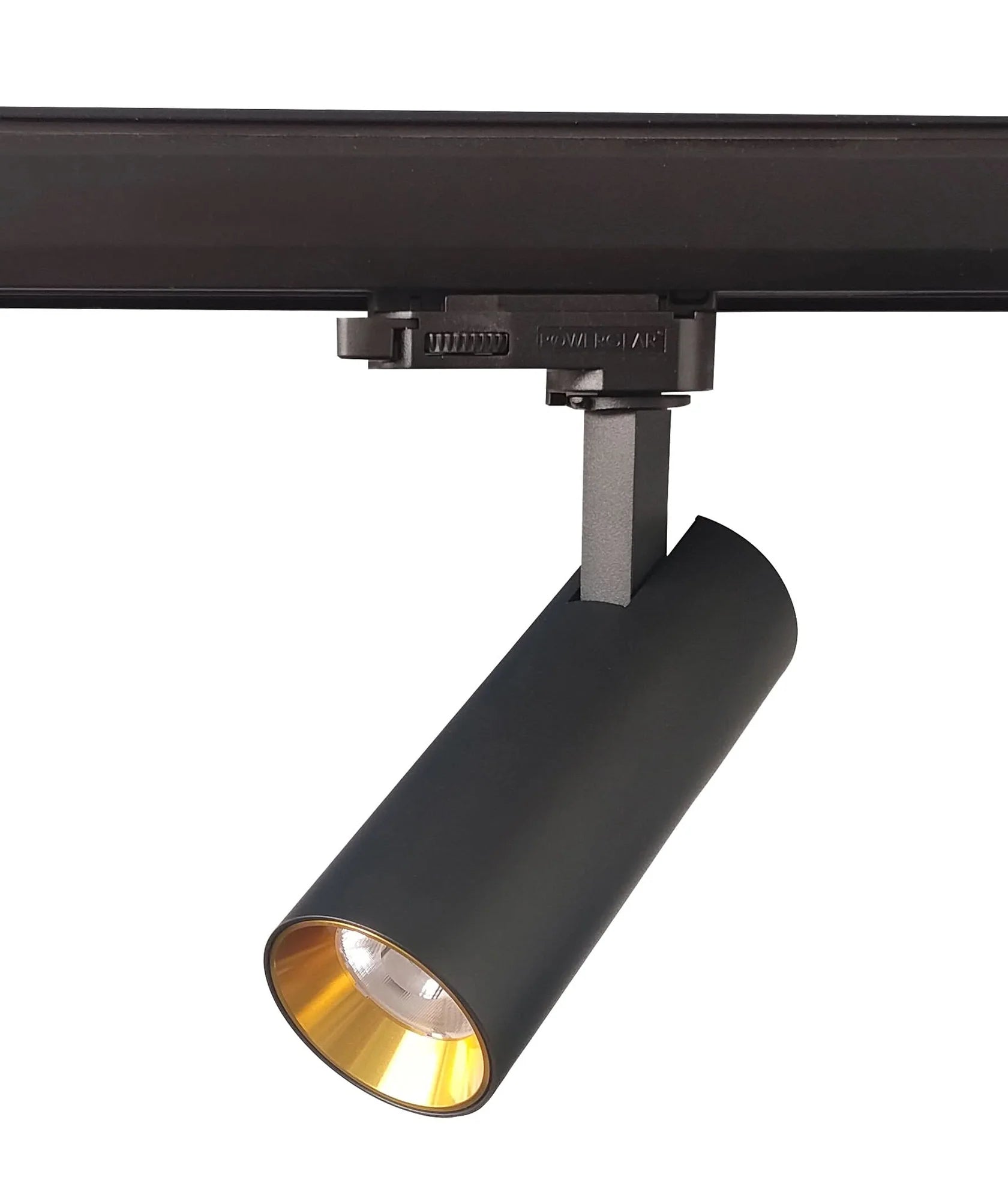 10W LED track light with a sleek black exterior and warm gold inner finish, mounted on a track.