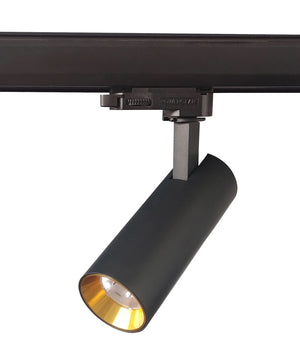 10W LED track light with a sleek black exterior and warm gold inner finish, mounted on a track.