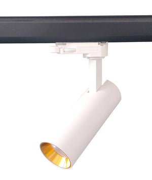 10W LED track light with a white exterior and gold inner finish, mounted on a black track.
