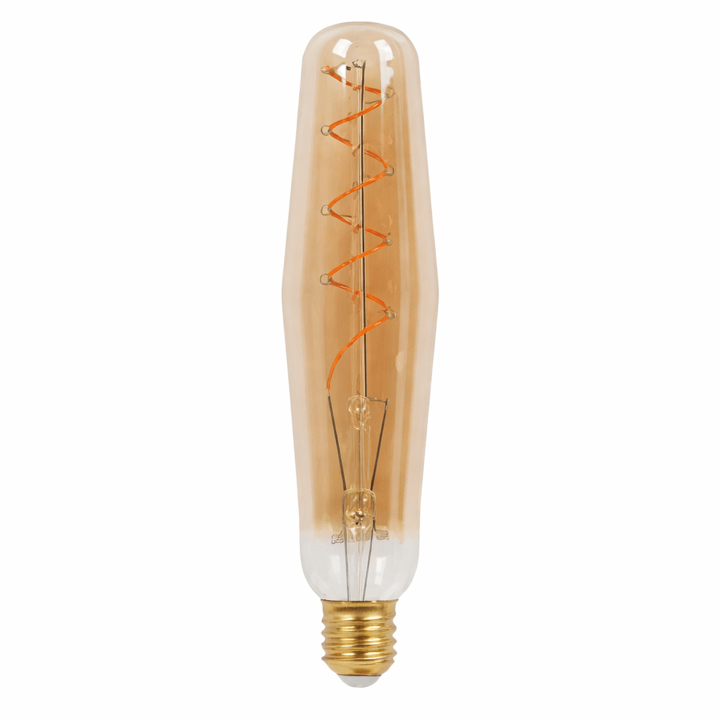 Vintage-style light bulb with spiral filament on a white background