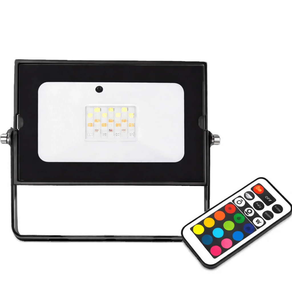 RGBW LED flood light with remote control on a white background