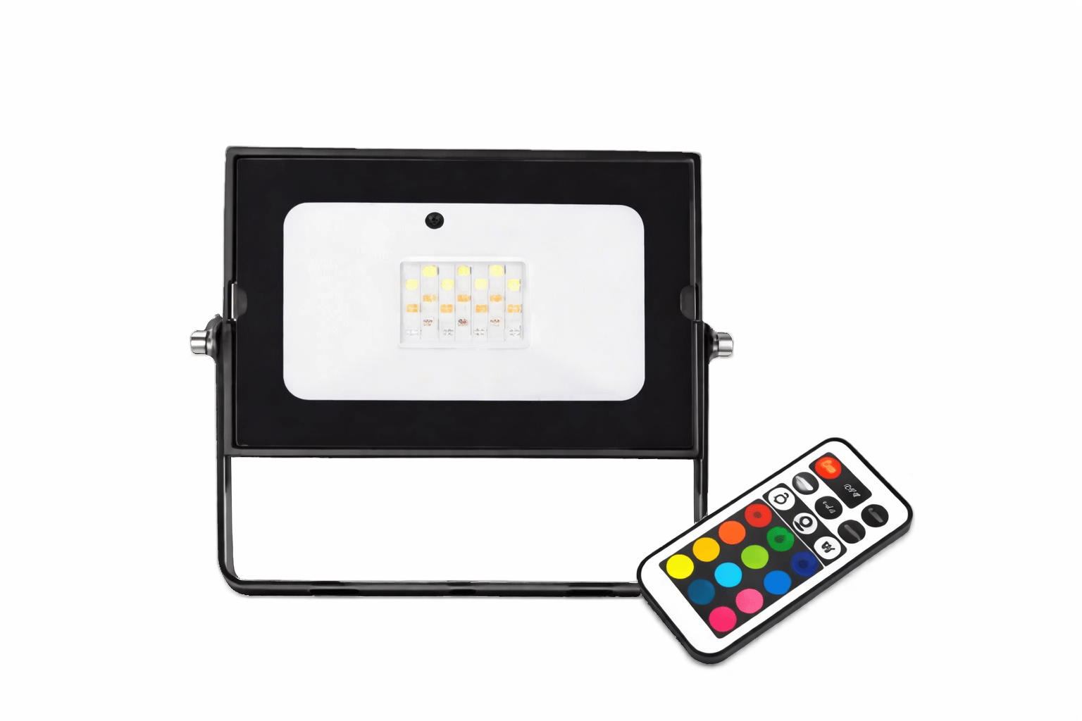 RGBW LED flood light with remote control on a white background