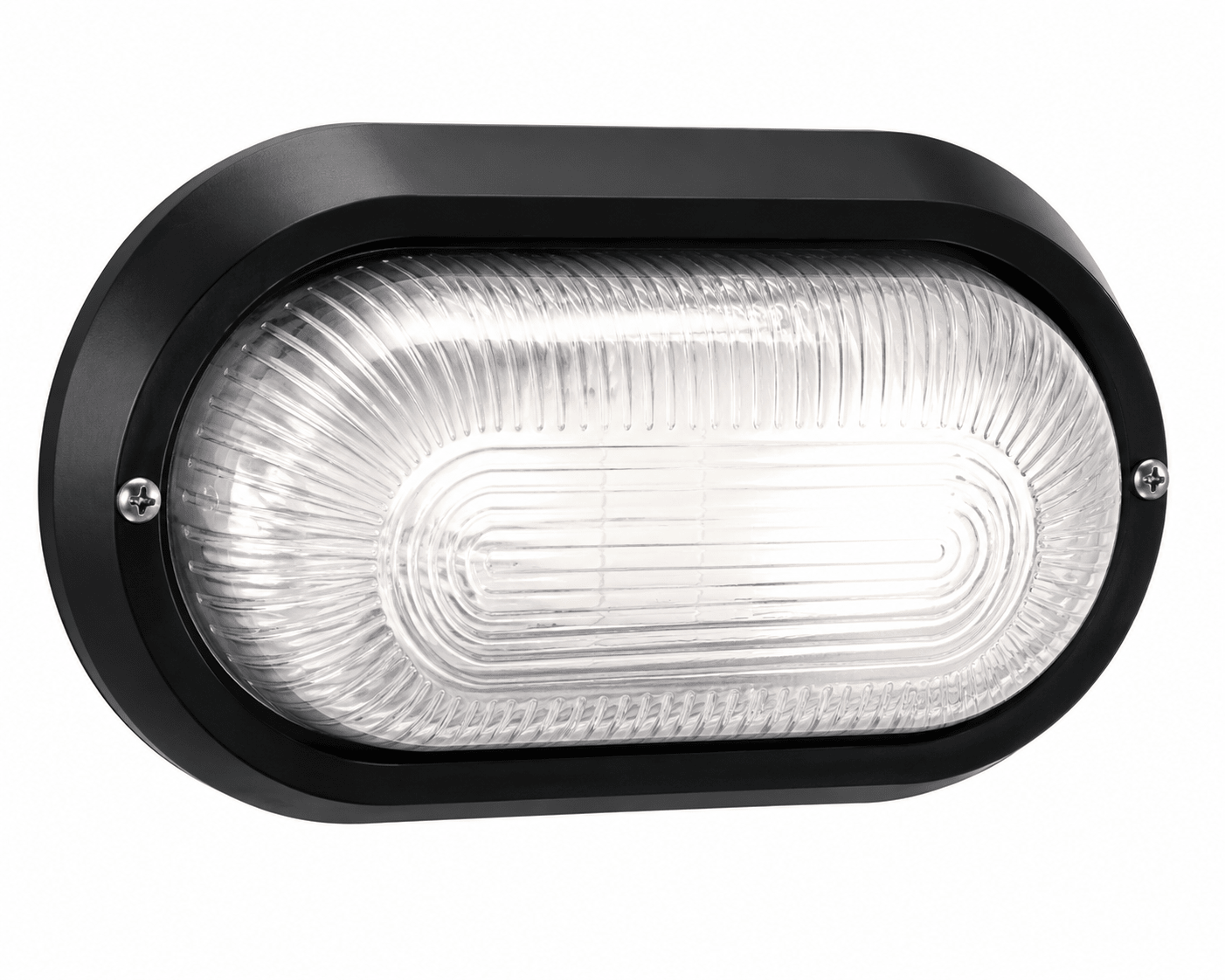 Outdoor wall light in sleek black PVC with clear glass diffuser, showcasing a modern design.