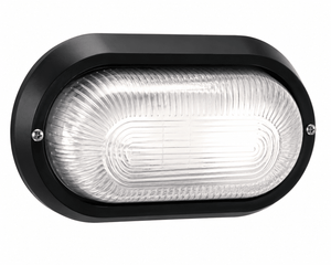 Outdoor wall light in sleek black PVC with clear glass diffuser, showcasing a modern design.