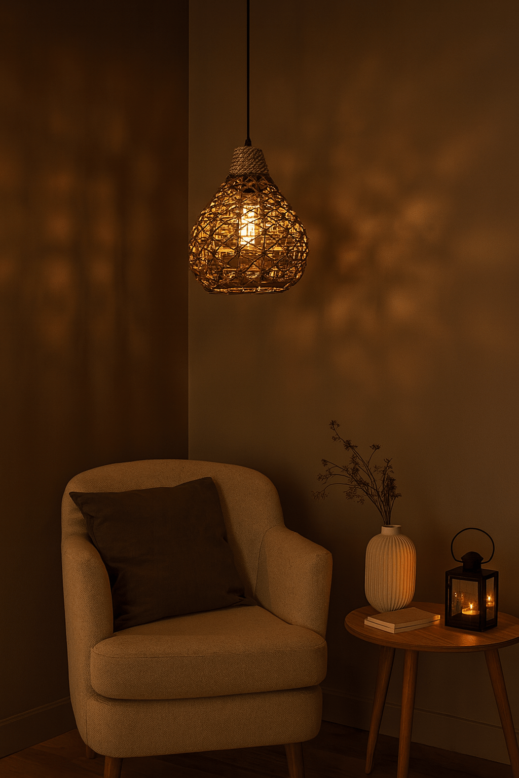 Warmly lit metal and rope pendant light hanging above a cozy armchair and side table.
