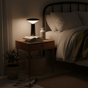 Rechargeable mini LED table lamp on a bedside table, illuminating an open book and glasses.