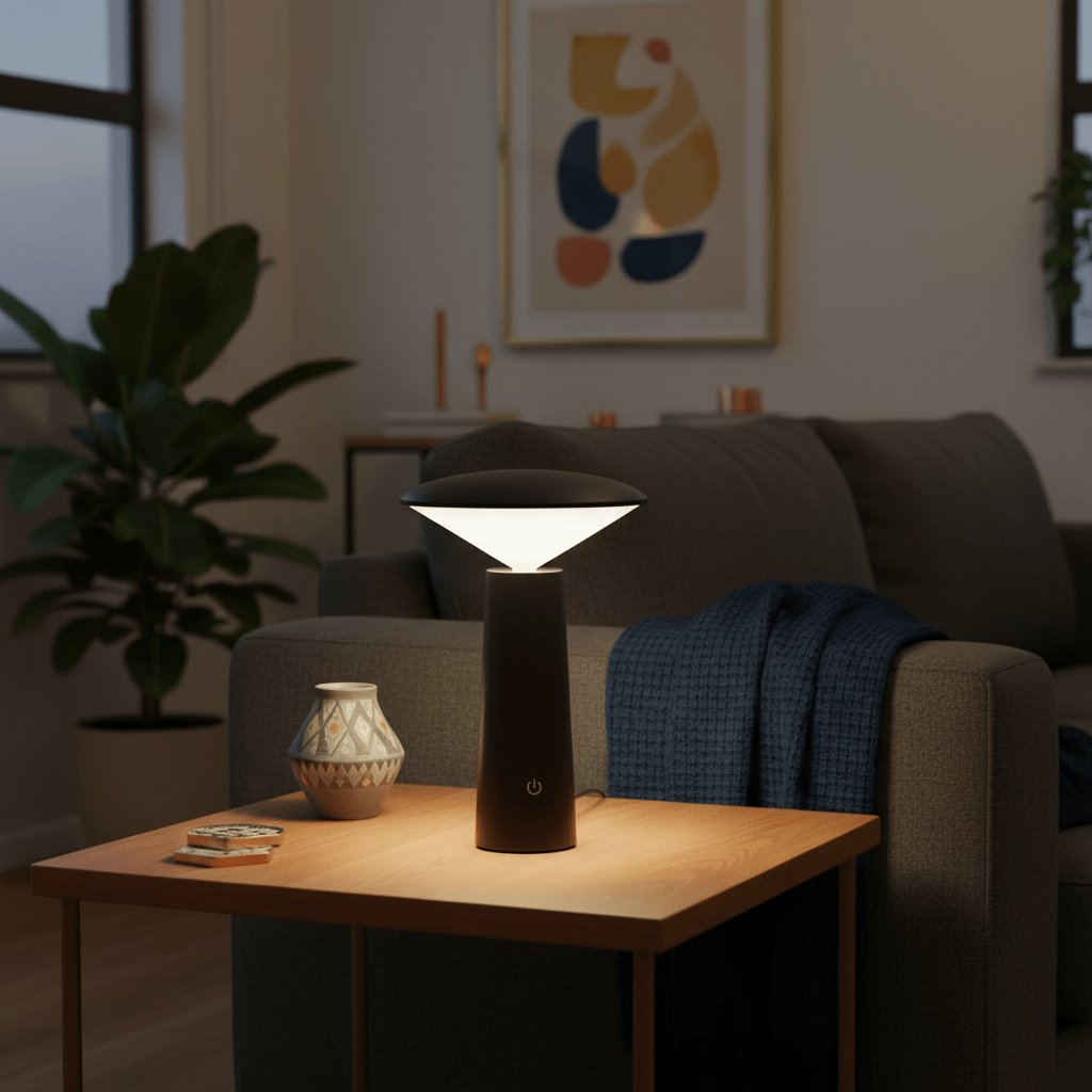 Rechargeable mini LED table lamp on a wooden side table next to a cozy couch, with a decorative vase and blanket.
