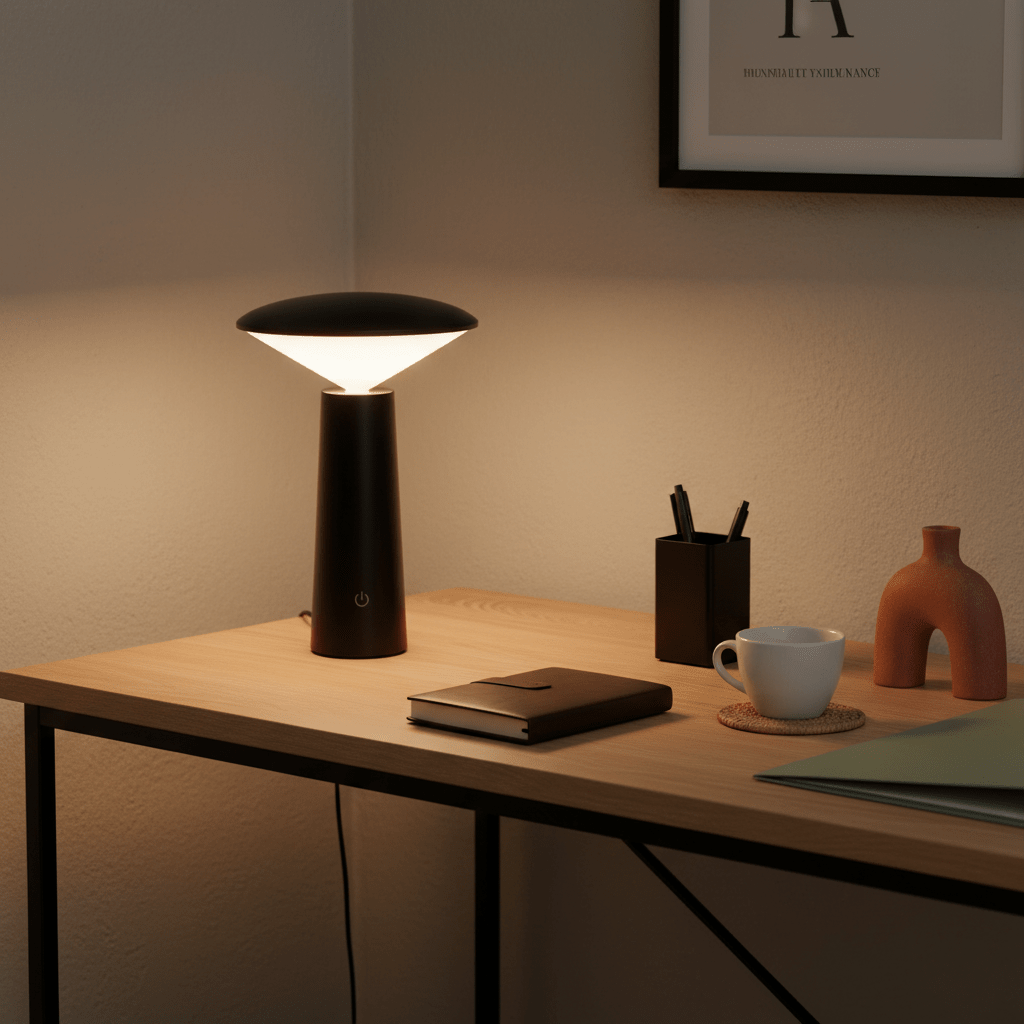A modern black rechargeable mini LED table lamp on a wooden desk, illuminating a notebook and cup.