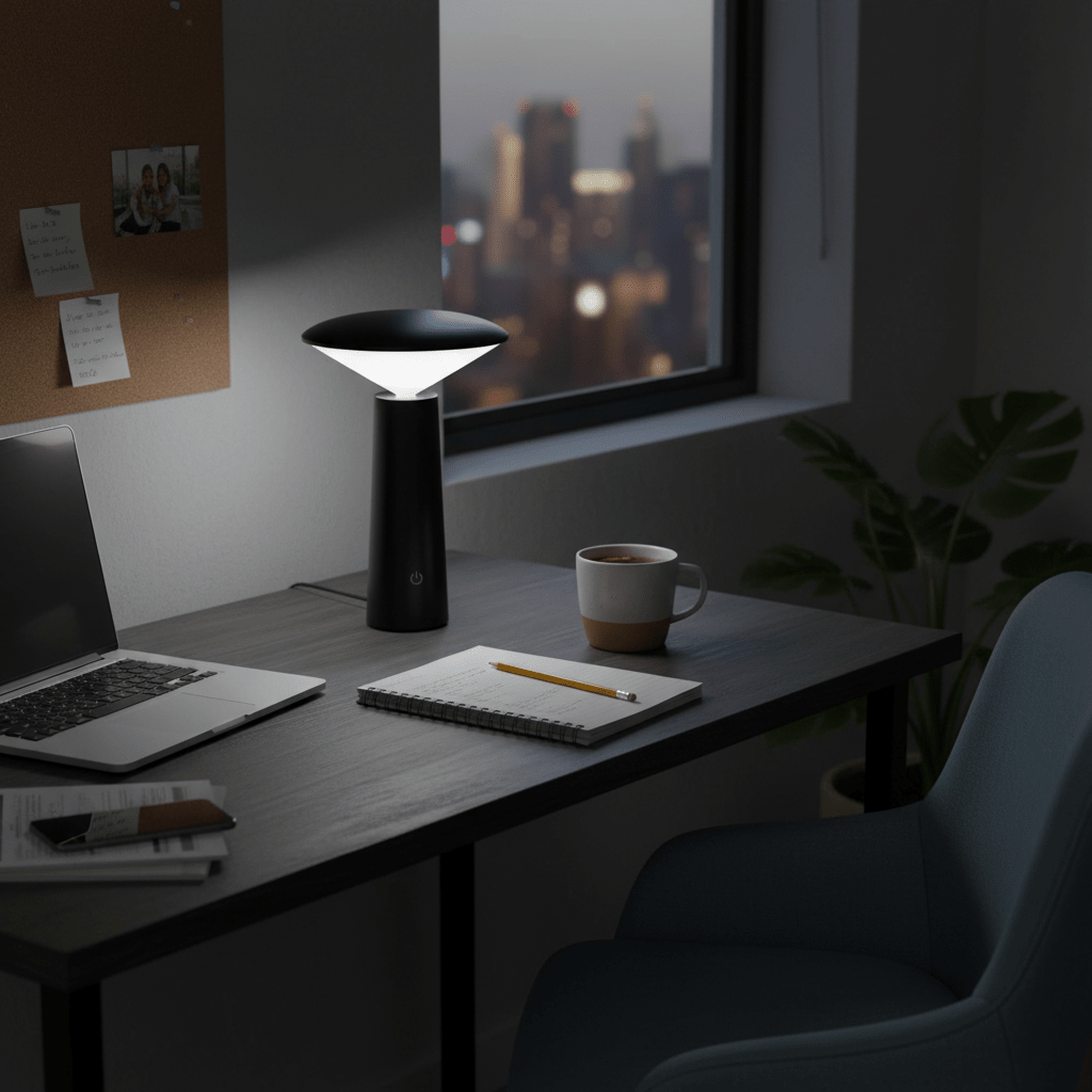 A modern rechargeable mini LED table lamp on a desk, illuminating a notebook and laptop, with a city view outside.