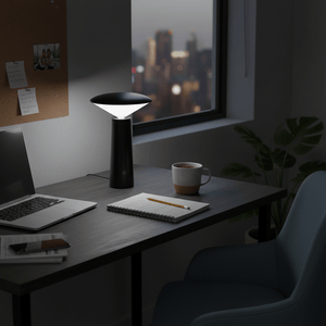 A modern rechargeable mini LED table lamp on a desk, illuminating a notebook and laptop, with a city view outside.