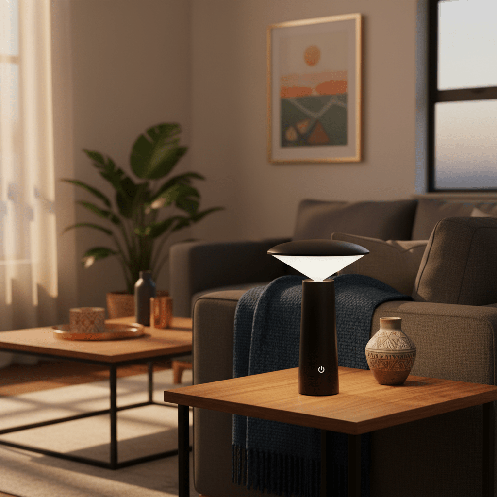 A modern rechargeable mini LED table lamp on a wooden table, surrounded by decor and a cozy couch.