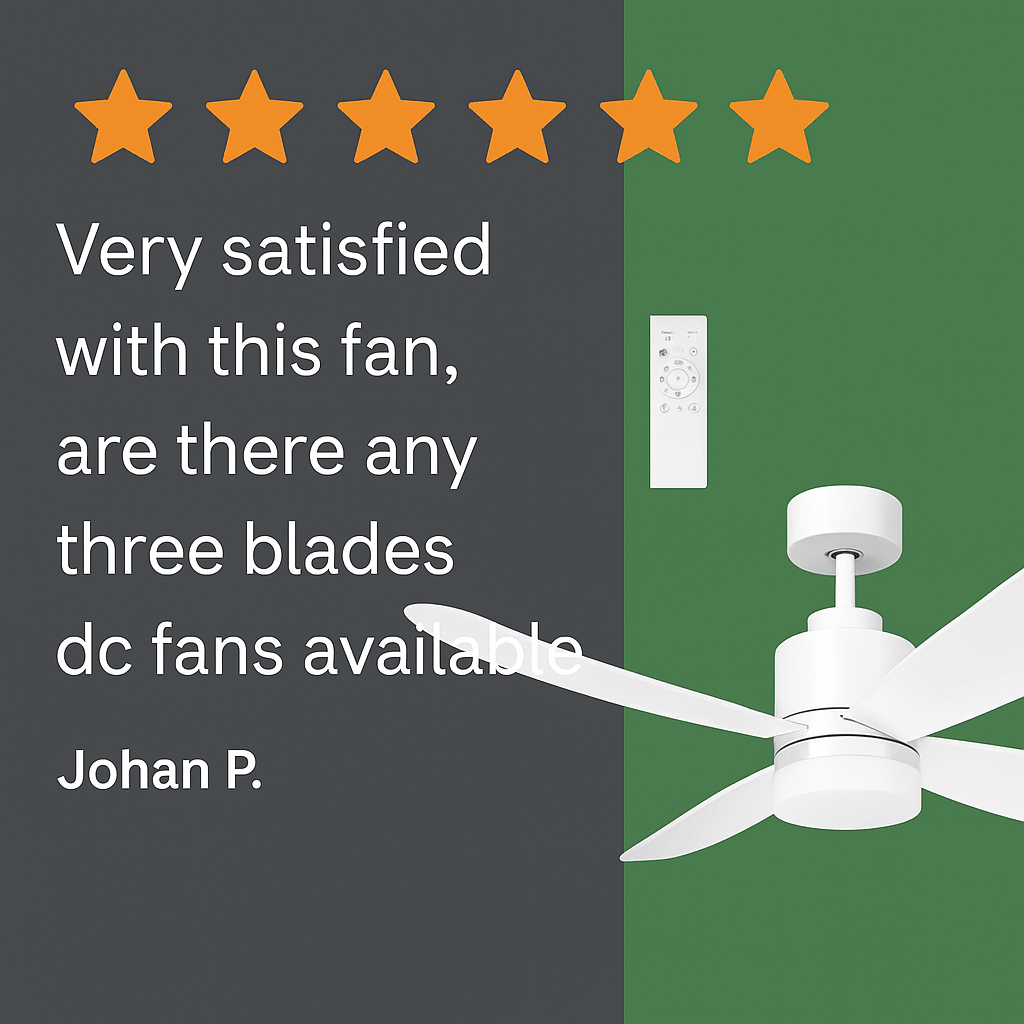 Ceiling fan with five-star rating and customer review on a green and gray background