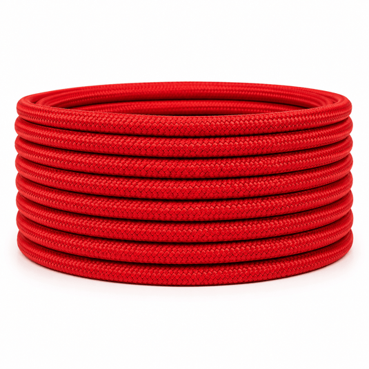 10m roll of red 2-core fabric cable, showcasing a braided texture for decorative wiring.