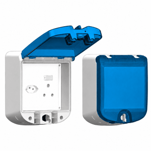 Two views of a waterproof socket outlet box with a blue flap, one open and one closed.