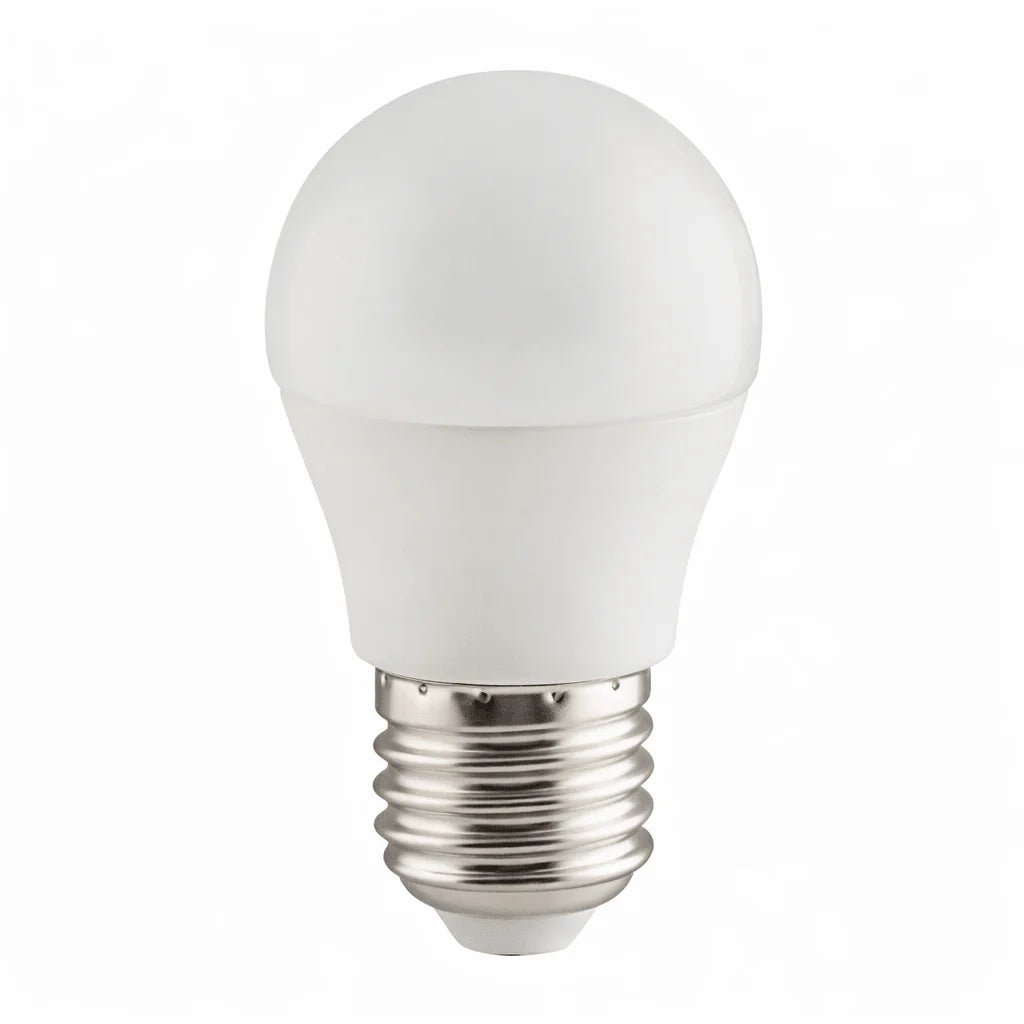 Dimmable LED Golf Ball bulb with E27 cap, featuring a smooth white finish and rounded shape.