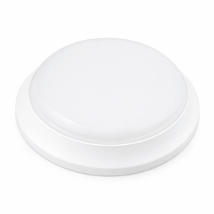 LED bulkhead ceiling light with a smooth white finish, designed for outdoor use with a dusk-to-dawn sensor.