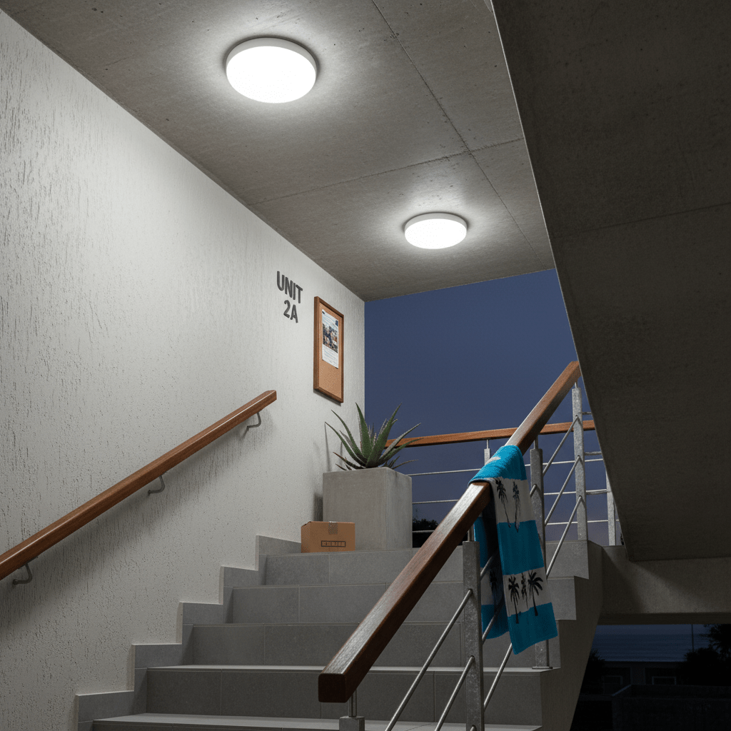 LED bulkhead lights illuminate a stairwell with a wooden railing, potted plant, and wall decor.