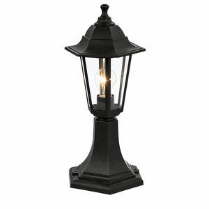 Black outdoor pillar lantern with a classic design, featuring a clear bulb and durable PVC construction.