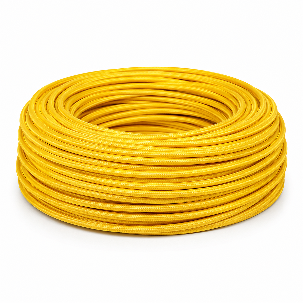 Coiled 2-core fabric cable in vibrant yellow, showcasing its smooth texture and flexibility.