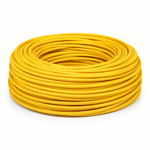 Coiled 2-core fabric cable in vibrant yellow, showcasing its smooth texture and flexibility.
