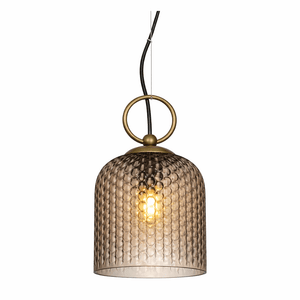 Pendant light with textured glass shade and gold fixture on a white background