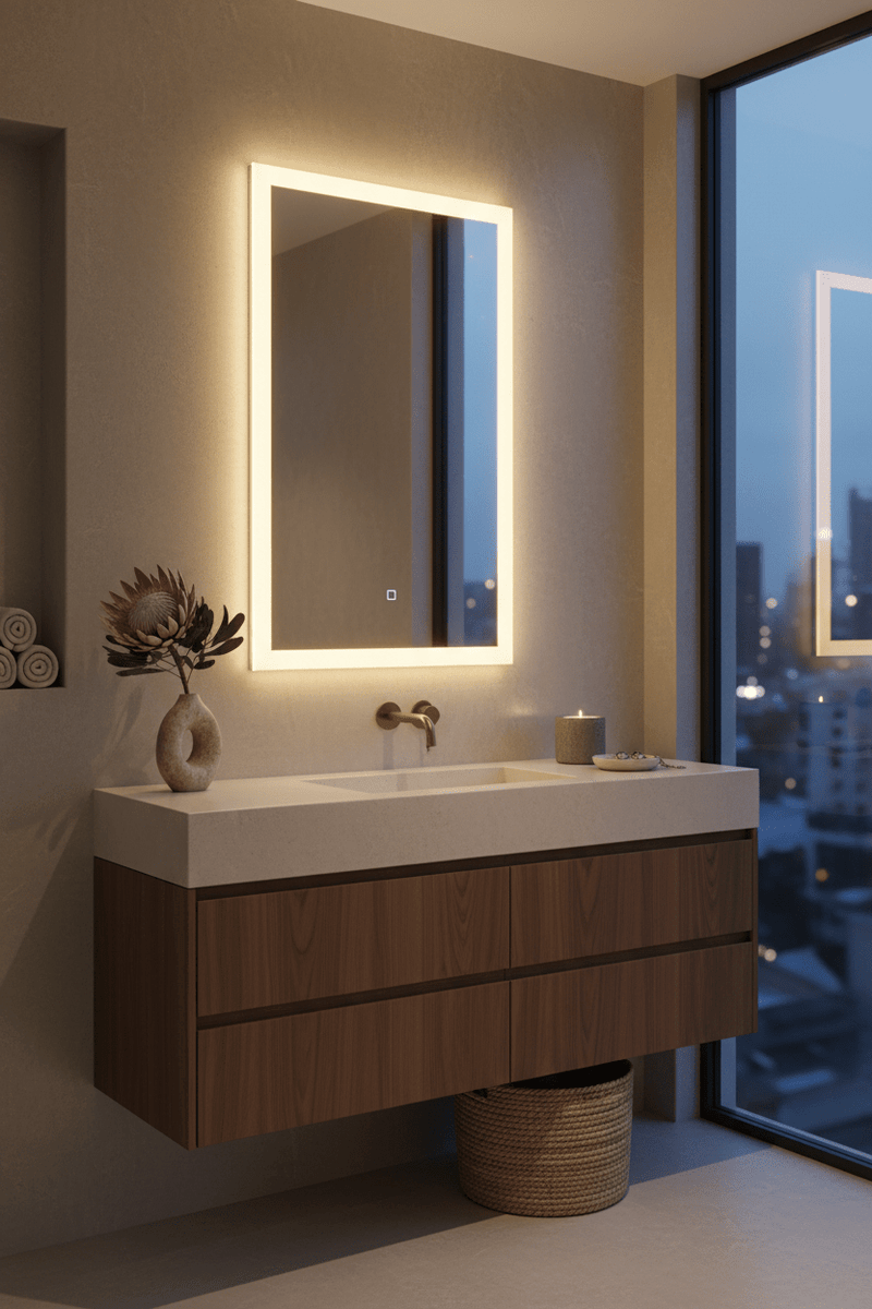 Realistic 800x800 lifestyle image of a compact South African guest bathroom with an LED mirror, white basin, neutral tiles, soft functional lighting, contemporary but welcoming design, no text, no logos.