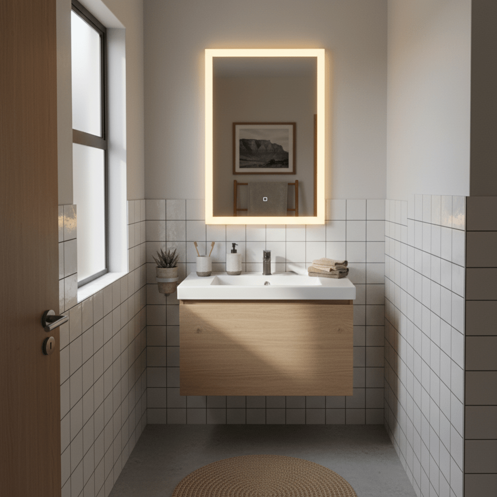 Realistic 800x800 lifestyle image of a stylish South African guest bathroom with an LED mirror above a compact vanity, warm neutral tiles, soft ambient lighting, natural colours, realistic shadows, premium but lived-in home style, no text or logos.