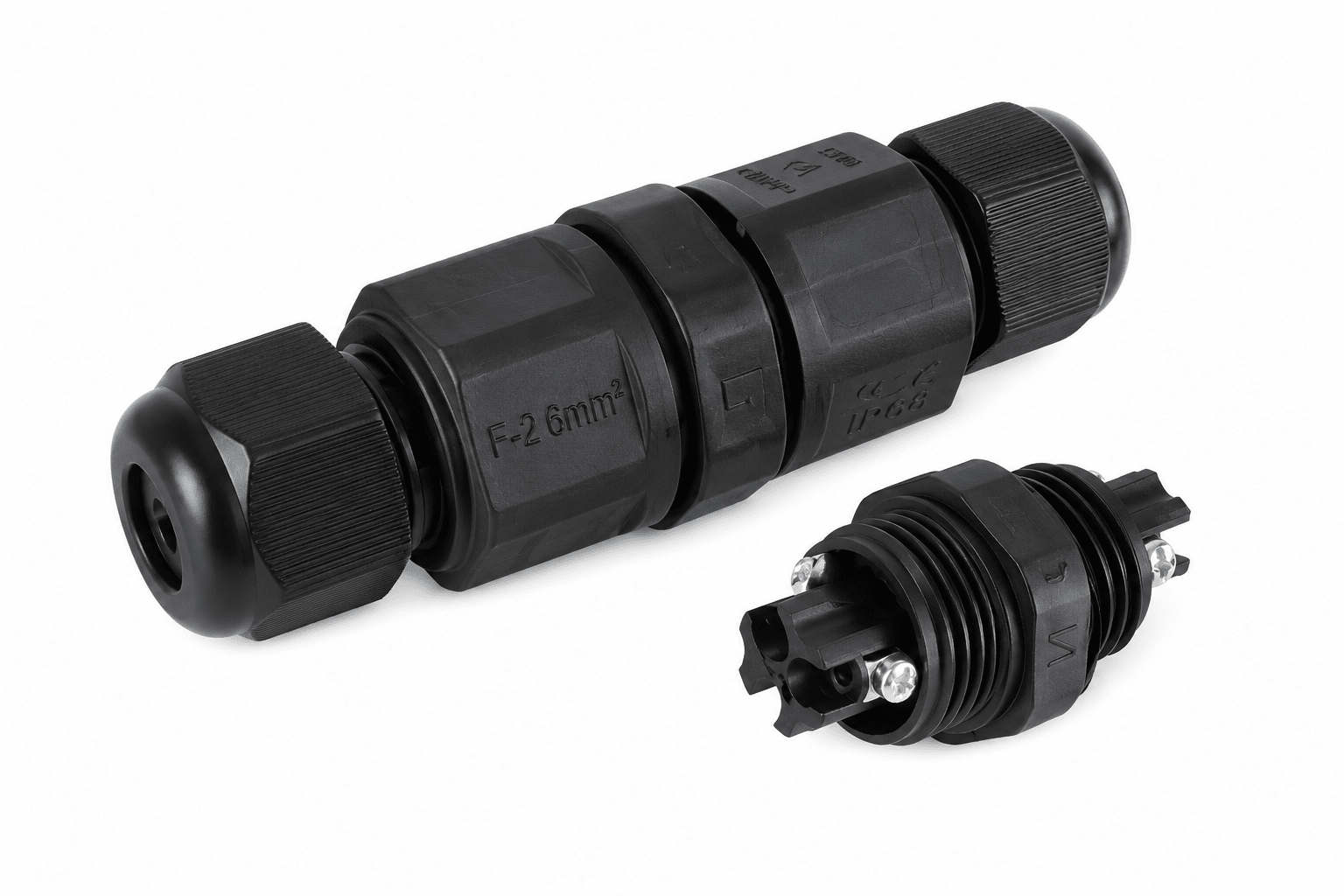 3 pole IP68 waterproof cable connector set, showcasing two connectors with detailed design and secure fittings.