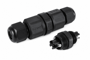 3 pole IP68 waterproof cable connector set, showcasing two connectors with detailed design and secure fittings.