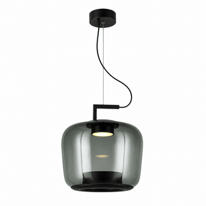 Modern green-tinted LED pendant light with a sleek design, suspended from a black ceiling mount.