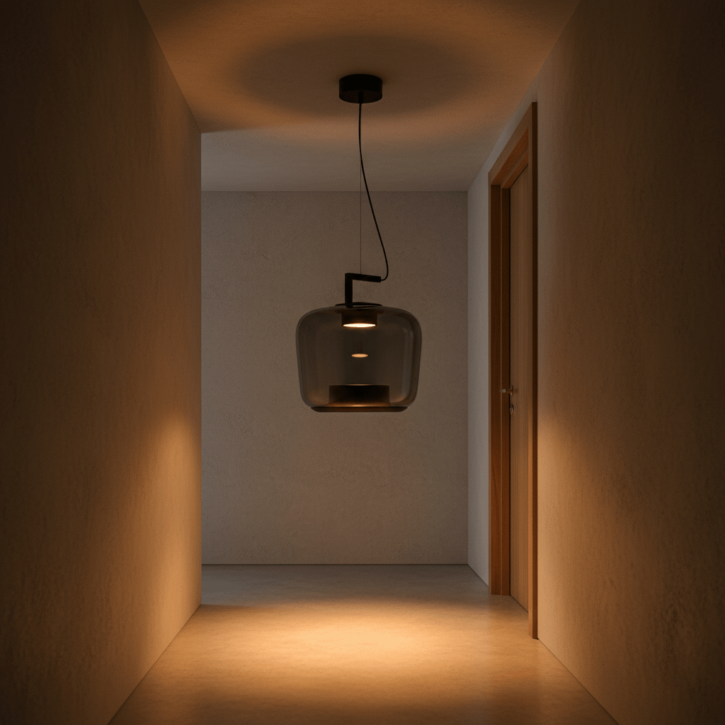 Green LED pendant light hanging in a softly lit hallway, casting warm light on the floor.