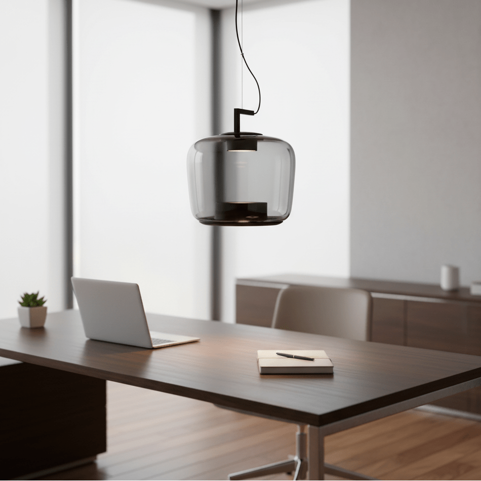 Modern pendant light with a green-tinted glass shade hanging above a wooden desk in a stylish office setting.