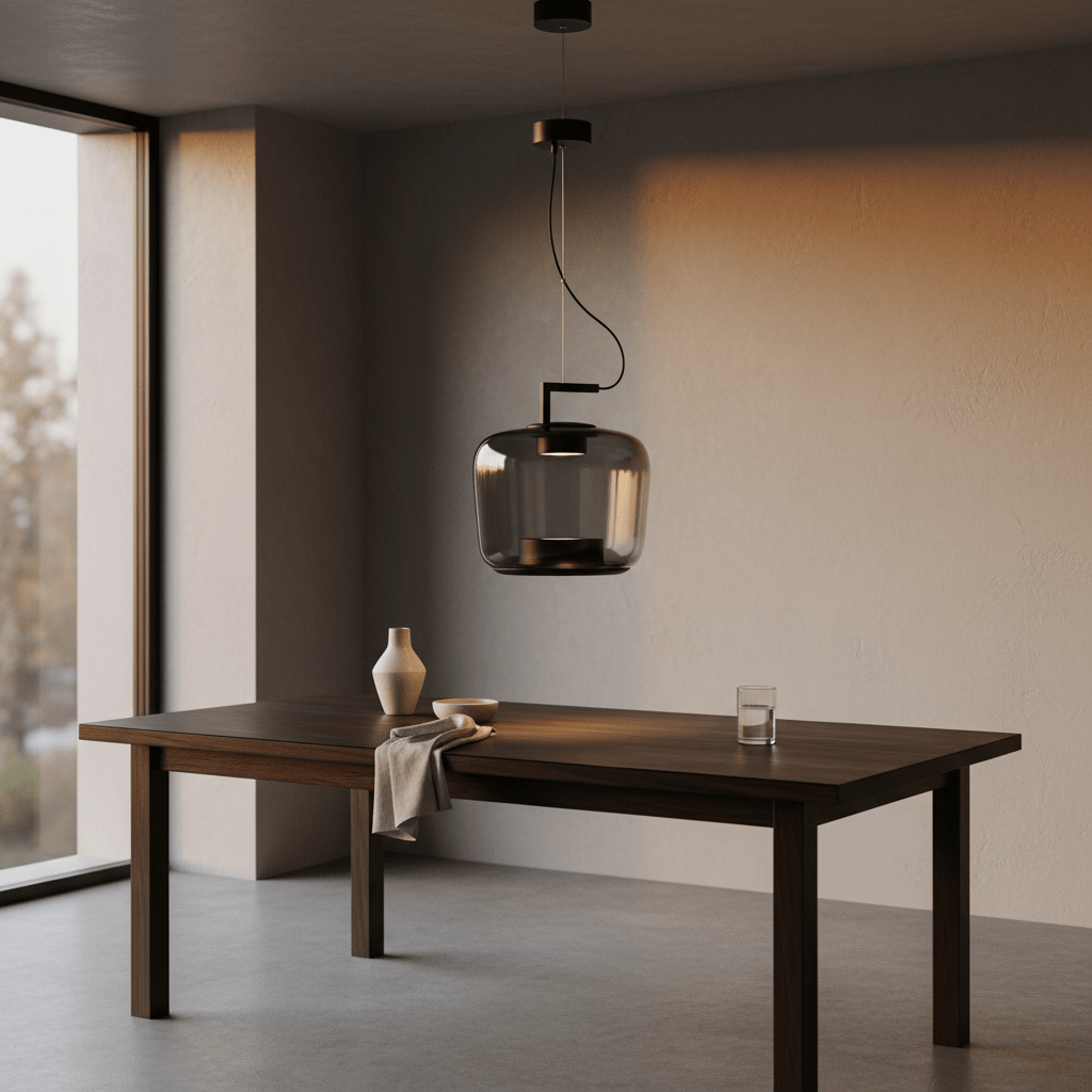 Magnum Occular Green LED Pendant hanging above a wooden dining table with decorative items.