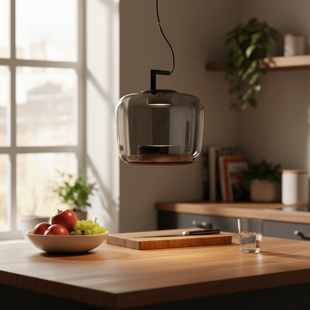 Magnum Occular Green LED Pendant light hanging above a wooden kitchen countertop with fruits and a glass.