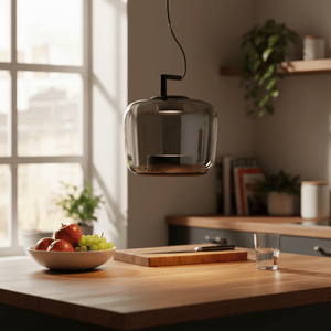 Magnum Occular Green LED Pendant light hanging above a wooden kitchen countertop with fruits and a glass.