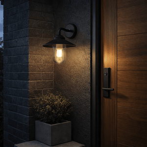 Black metal and glass outdoor wall light illuminating a doorway, with a potted plant nearby.